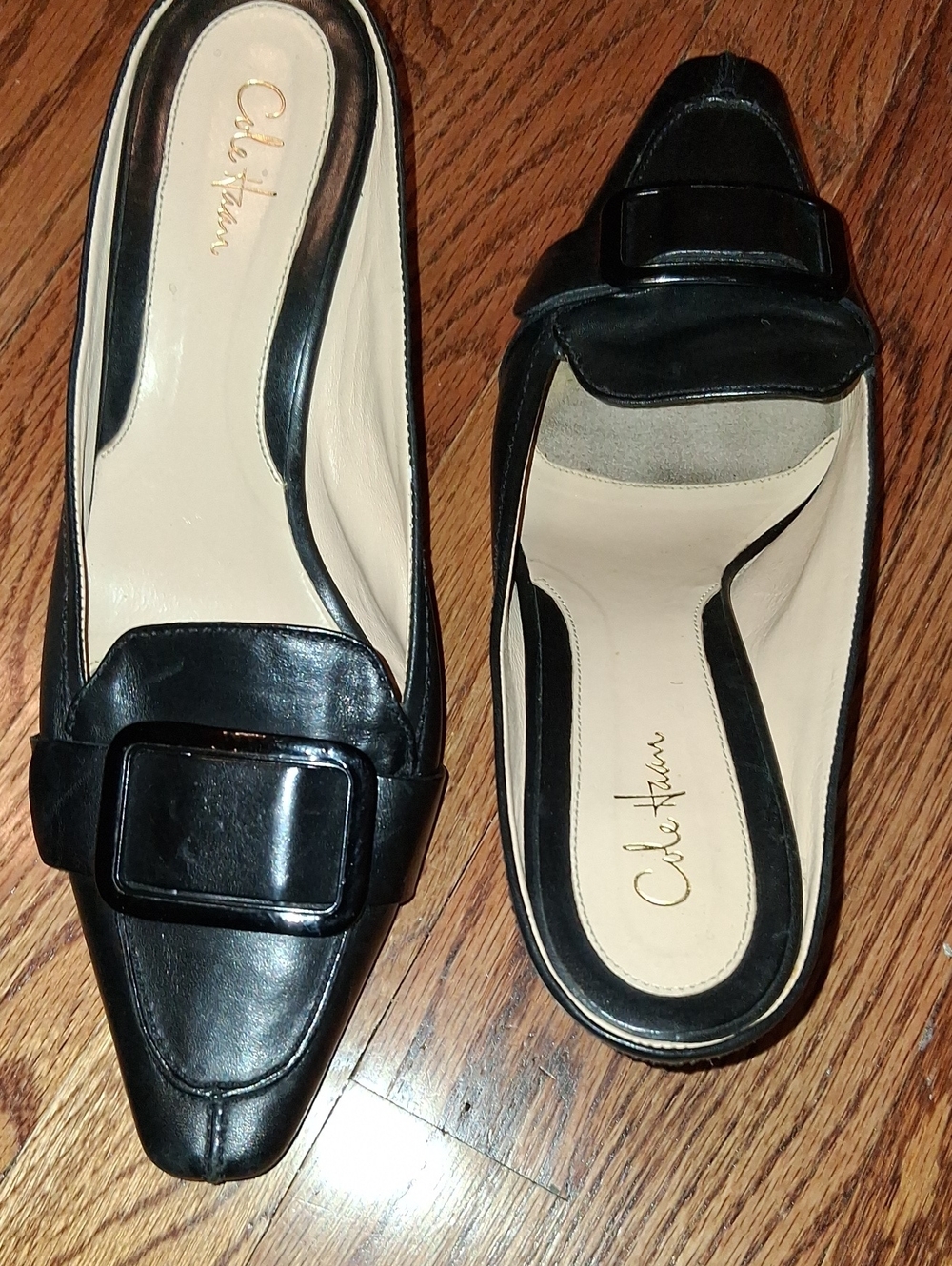 Cole Haan Black Leather Buckle Mules
